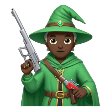 A wizard 🧙 wearing green clothes, with black skin, holding a pistol 🔫 and a rifle sticker