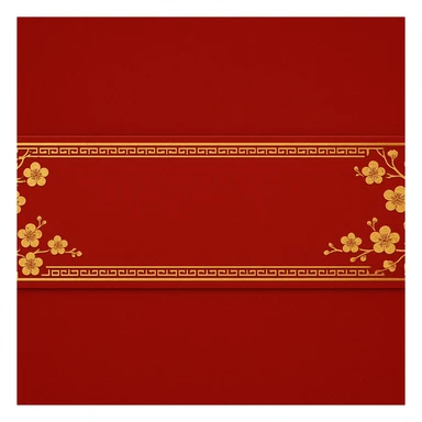 eastern style plaque for post signature, ultra long horizontal rectangle 1200x100px, only red and gold colors, decorated with peach blossoms, feng shui vibe, ornate border, no text sticker