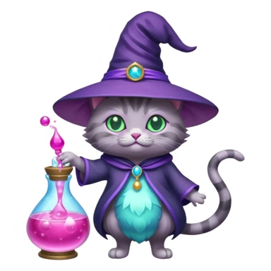 Purple witch cat full body with pink potion and blue potion  sticker