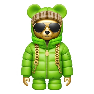 bearbrick figure with lime green grafitti-covered balaclava, voluminous puffer jacket with fur trim, single-piece wrap-around sunglasses, heavy gold chains, luxury streetwear style sticker