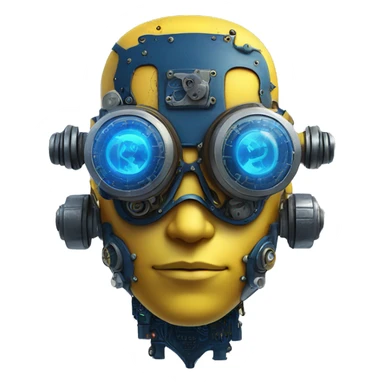 Yellow cyborg head with dark blue steampunk goggles and circuitry sticker