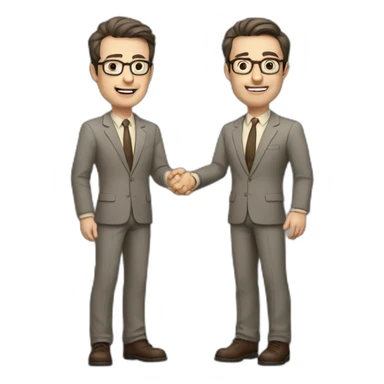 Full height Actively gesturing with hands Pale skinned fit man with dark brown hair in gray jacket, beige office shirt, brown tie, brown pants and vintage glasses. sticker