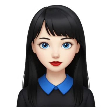 20 yr old woman long straight black hair, pale skin, blue eyes, red lipstick, black clothes, small smile, bangs sticker