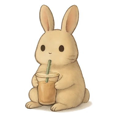 milk tea bunny sitting still with blank stare, soft ghibli style sticker