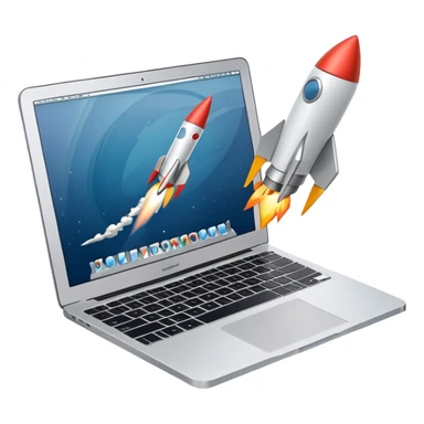 macbook，isometric view, rocket flies sticker