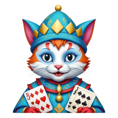 crazy colorful cute little cat jolly joker from poker, medieval, vintage, court jester, mac os icon, blue color, holds poker cards sticker