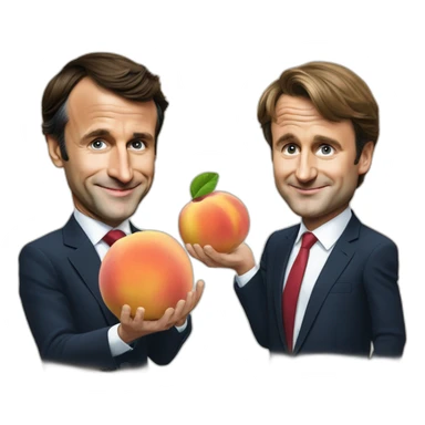 Emmanuel Macron with Justin Trudeau playing with a peach sticker