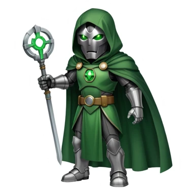 Doctor Doom standing with glowing green eyes visible through his metal mask, wearing green cloak sticker