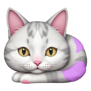 grey and white small cat with its eyes closed lying down with his head leaning on his paw sticker