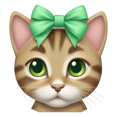 kawaii brown tabby kitten with green eyes and pastel green bow on top of head sticker