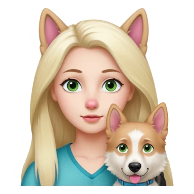 White European young woman with blue-green eyes and long blond hair with her white German Shepherd dog,the Dog hast a pink nose and short fur  and Brown eyes sticker