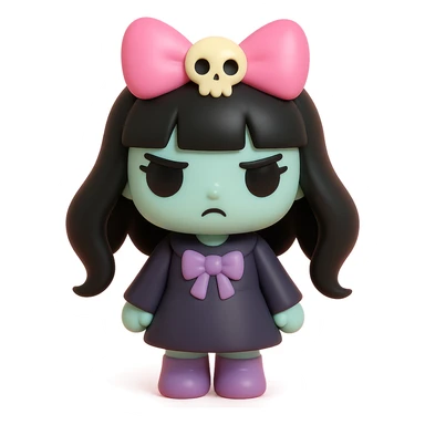 gothic girl with pink bow and skull charm, gothic style, vinyl figure, dramatic details sticker