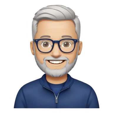 Light-skinned man with tight fade haircut (nearly shaved sides fading to very short on top), short graying beard, big black glasses frames, happy smile, navy blue zip-up sweatshirt with long sleeves sticker