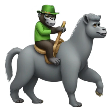 Gorilla riding a grey Llama that's wearing a green hat sticker