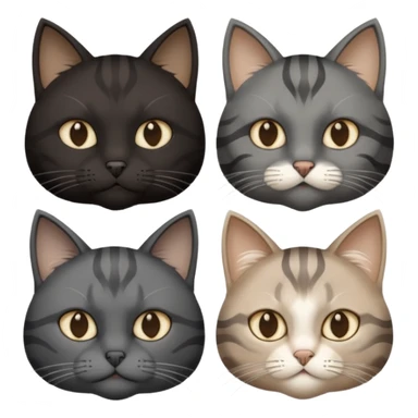 gatto nero con muso zona naso bianco (ricorda la maschera di batman), gatto siberiano grigio e beige mescolato, gatto grigio chiaro con qualche striatura grigio scura, gatto marrone con macchie beige sticker