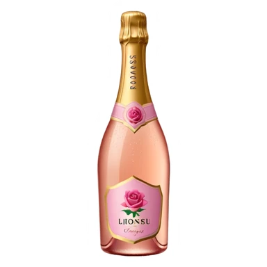 bottle of sparkling rosé champagne with a rose logo on the label, tilted up and to the left, no glass sticker