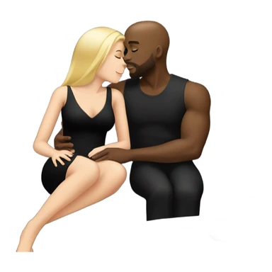 Blonde woman with blue eyes and long straight hair wearing a short black dress and a black man who is bald with a goatee seated together on a sofa enjoying a loving kiss.   sticker