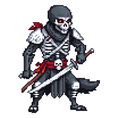 pixel art ninja skeleton wielding swords, accompanied by a fierce black wolf sticker
