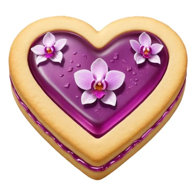 Realistic shortbread cookie in the shape of a heart with orchid color jelly middle filling and sprinkled powder sugar on top. sticker