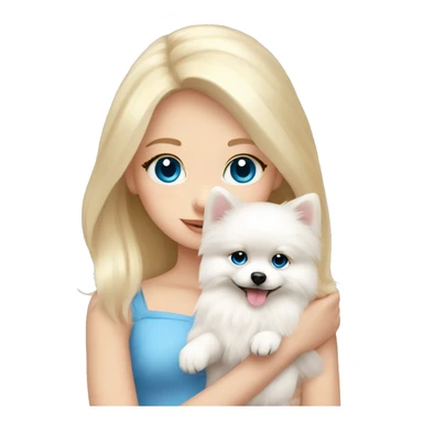 Blond girl white skin blue eyes hugging white Pomeranian with light pink bow sticker
