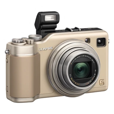 Minimal Olympus Superzoom 70G camera from slight top angle, grayish-beige color, simplified shape with subtle indication of basic camera features sticker
