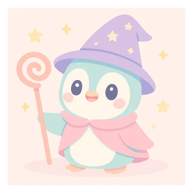 cute penguin wizard holding a magical staff in a fantasy setting sticker