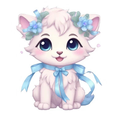Anthro Cute Cool Blushing Pastel Innocent Shy Kawaii gorgeous sparkly ethereal fantasy anime animal creature with blue eyes furry sona with flowers and ribbons beautiful aesthetic sticker