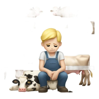 Farm boy with blonde hair is milking cow. But he is sad sticker