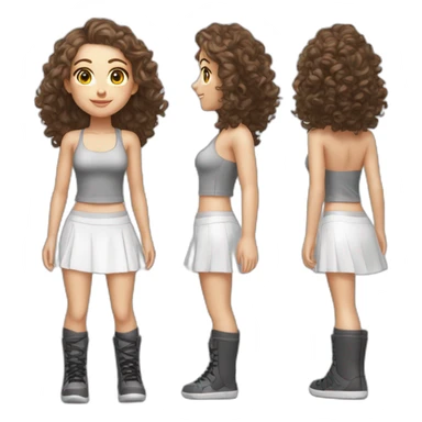 hyper realistic caucasian long curly brown hair brown eyes strapless sporty top white miniskirt tight black gray shoes full body sticker