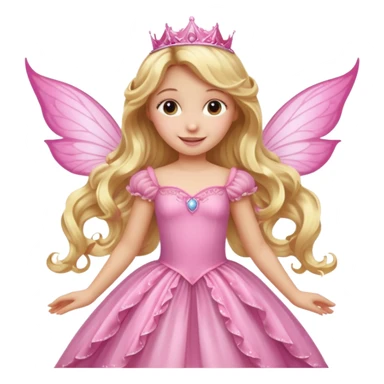Detailed long pink princess dress, long blonde wavy hair, pink fairy wings sticker