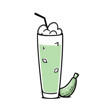 Hand-drawn glass of sugarcane juice with ice cubes, light green liquid, and a piece of sugarcane beside it sticker