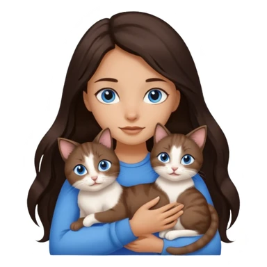 a pretty girl with long dark 
brown hair, with blue eyes, hugs 3 different natural coloured small cats sticker