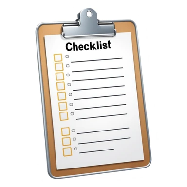 A clipboard with a checklist and metallic clip sticker