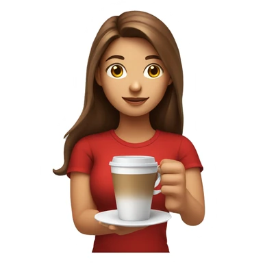 barista girl in a red t-shirt with long brown hair, with a cup of coffee in a hand sticker
