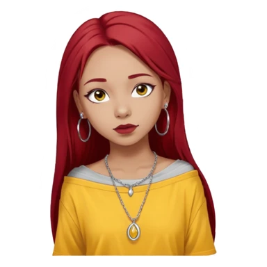 generate a pretty bratz girl with dark brown eyes. Dark long red hair straight long. wearing a yellow oversized tee falling off her shoulder, dainty silver necklace, silver hoops, septum piercings. big eyeliner sticker