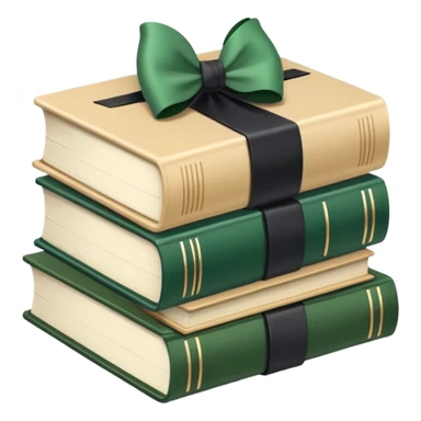 Stack of beige and forest green books with black bow sticker