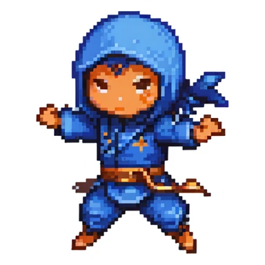 pixel art chibi ninja, blue outfit, jumping, throwing a shuriken sticker