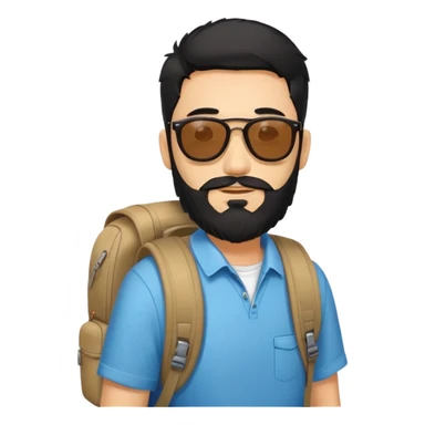 Man with sunglasses on his black hair wearing a backbag and a beard sticker