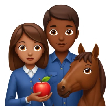 a dark skinned boy and a brown haired girl giving an apple to a horse sticker