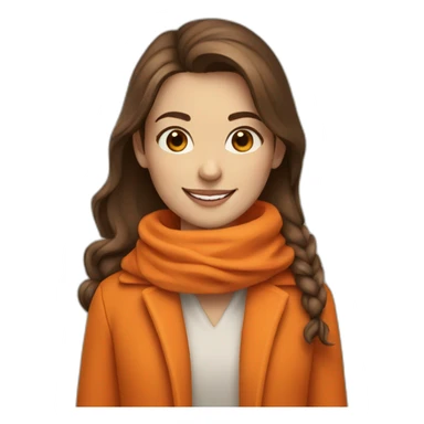 girl with brown hair, orange scarf and orange coat, smiling sticker