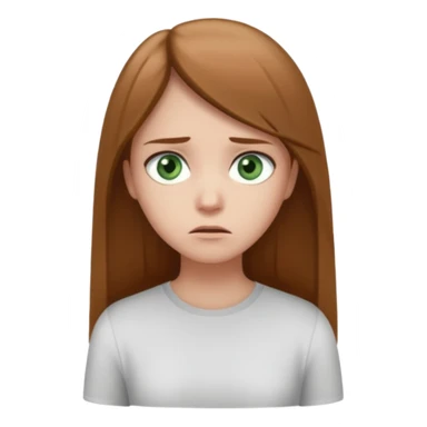 Cartoon emoji of a girl with long, straight light brown hair, fair skin, soft green eyes. Wearing a white top, standing slightly apart from a group, looking unsure and miserable. Nervous, fearful, lacking confidence. Smooth, simple, stylized." sticker