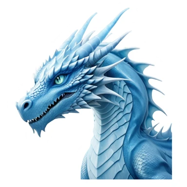Cinematic Noble wise elegant Ice Dragon Portrait Emoji, Poised and imposing, distinct long elegant snout, with a slender, scaled body shimmering in glacial hues of icy blue, frostbitten silver, and crystalline white, breathing out frost, with piercing, glowing ice blue white eyes that radiate the chilling depths of an arctic storm; rendered in detail. excuding wisdom sticker