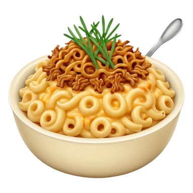 Bowl of elbow Mac and cheese topped with green chives, crispy onions, and pulled pork sticker