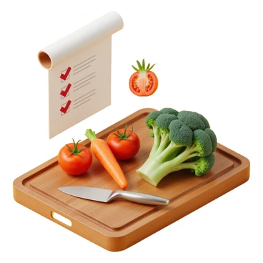 carrot tomato brocoli on the wooden cutting board with floating rolled paper list with checkbox sticker