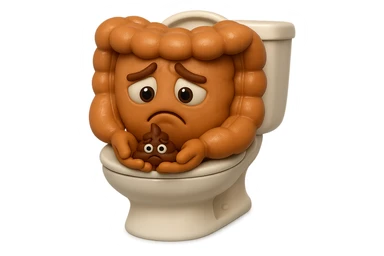 emoji stile iphone di un intestino realistico 3d che esce dal wc con in mano una montagnetta di feci con espressione triste a palline, iperrealistico 4k sticker