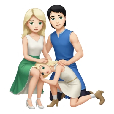 prince, upright, black Hair, blue eyes, garment,  Woman, bending knee, sleveless white dress, blonde hair, green eyes, sticker