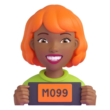 dark skinned Black woman with orange bob wig like Chucky's hair, visible plaque on her teeth sticker