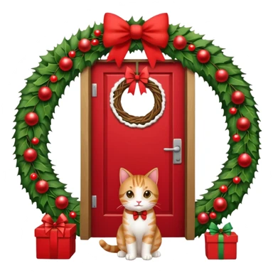 A door with a cat in front of it with h christmas elements sticker