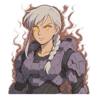 female, wearing reach spartan armor shoulder-unequip, long white braid hair with massive messy front side single bangs, gold yellow eyes, attention pose, D-cup size, HALO:series, no helmet, the armor is lavender color scheme, eyes glowing, demon eye, gleam, rage aura, body steaming sticker