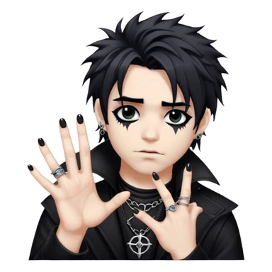 A gothic musician with jet-black messy hair, dark eyeliner, and silver rings on his fingers sticker